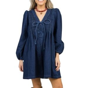 LALAVON Dark Blue DENIM ROMPER DRESS Pintuck Pleats TIE FRONT Pockets Shift SZ S
